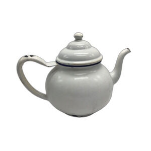 Vintage White Enamel Metal Teapot With Lid Blue Rim Distressed Farmhouse Cottage